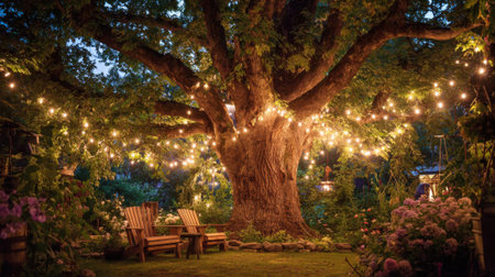 In a serene garden setting a grand tree is adorned with glowing string lights creating a warm atmosphere. Two wooden chairs sit invitingly on the soft grass surrounded by blooming flowers.の素材