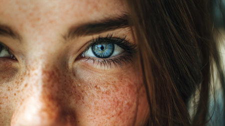 Close-up view of a persons face highlighting striking blue eyes and numerous freckles. Soft hair frames the face capturing a moment filled with warmth and charm.の素材