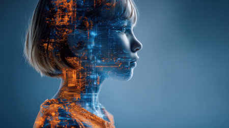 A young childâs profile is creatively blended with a digital landscape filled with bright lights and tech elements symbolizing imagination and the future.の素材
