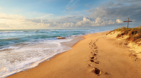 Golden sand stretches along the shore as gentle waves lap at the beach. Footprints lead towards a wooden cross under a colorful sky at sunset.の素材