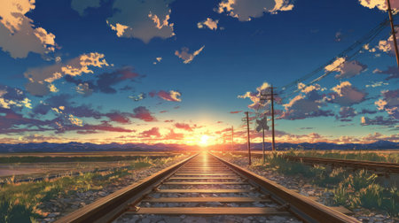 A stunning sunset colors the sky as sunlight reflects off railway tracks. Clouds scatter above and distant mountains create a beautiful backdrop capturing a serene moment of nature.の素材