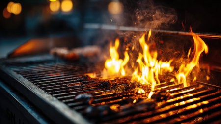 Hot flames rise from a barbecue grill as meat sizzles and cooks under the glow of evening lights. Smoke adds a rustic feel to the outdoor gathering.の素材