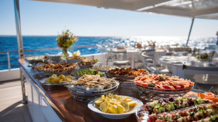 A lavish buffet is set up on a yacht with an array of fresh seafood colorful salads and fruit all while guests enjoy the peaceful ocean view under a sunny sky.の素材
