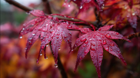 Bright red maple leaves hang from a branch covered in raindrops after a light rain. Surrounding foliage shows warm autumn colors creating a serene outdoor setting.の素材