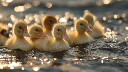 A group of fluffy yellow ducklings paddles together in calm water enjoying the warm sunlight reflecting off the surface near a tranquil pond.の素材
