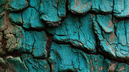 The scene showcases a close-up view of tree bark featuring a striking turquoise color with deep cracks and unique textures. Soft lighting enhances the details of the surface.の素材