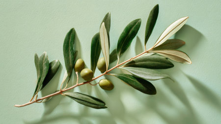 A fresh olive branch rests on a light green surface. The branch features vibrant green leaves and plump green olives creating a natural and peaceful scene with soft shadows.の素材
