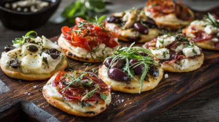 A selection of flatbreads adorned with olives fresh herbs and tomatoes is presented on a wooden board. This culinary display highlights vibrant colors and textures in a cozy environment.の素材