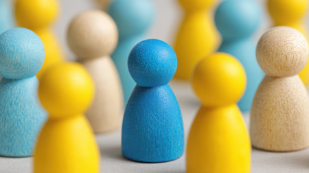 A creative workspace features colorful wooden figures in various shades. The blue figure stands out among yellow and natural colored figures highlighting individuality in the group.の素材