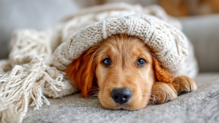 A golden retriever puppy is curled up and cozy beneath a thick blanket on a comfortable couch. Its eyes are calm and relaxed as it enjoys the warmth and comfort of the setting.の素材