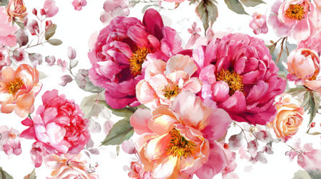 A vibrant display of blooming peonies and roses in shades of pink orange and white fills the scene. Delicate leaves and small blossoms surround the larger flowers creating a lush backdrop.の素材