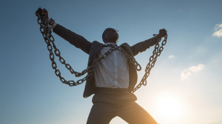 A man in a suit raises chained arms aloft celebrating freedom under a vibrant sunset sky.の素材