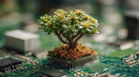 A tiny tree thrives atop a circuit board showcasing the harmony of nature and technology.の素材