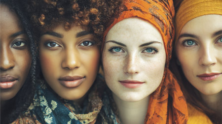 Four women of different backgrounds smile and connect showcasing vibrant headscarves and diversity.の素材