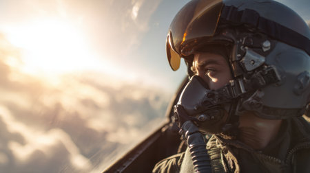 A skilled pilot watches the sunrise from a fighter jet surrounded by fluffy clouds embracing the adventure.の素材