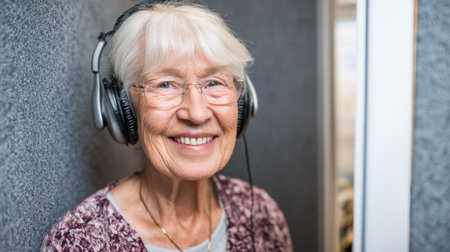 Elderly woman listens to music with happiness showing her love for sound and connection.の素材