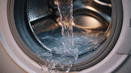 Clear water cascades from a washing machine as it operates showcasing its cleaning action.の素材