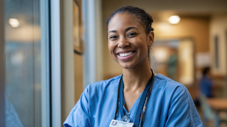 A cheerful healthcare professional poses with a smile embodying dedication and compassion in a hospital setting.の素材
