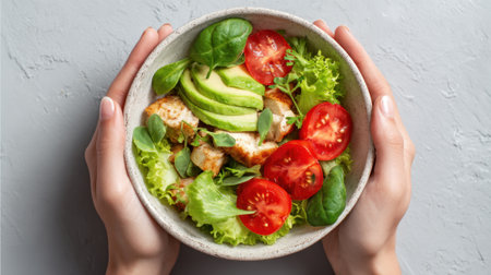 Hands hold a delicious salad filled with greens sliced avocado and juicy tomatoes for a healthy meal.の素材