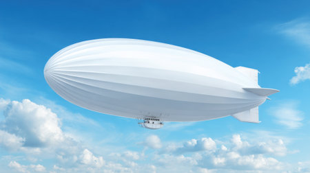 A majestic white blimp floats serenely among soft white clouds under a vivid blue sky.の素材