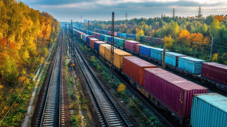 Vibrant autumn leaves surround long freight trains traveling along multiple tracks.の素材