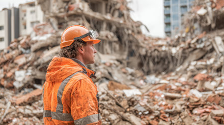 A construction worker wearing safety gear stands near the rubble of a recently demolished building.の素材