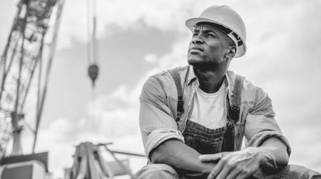 A focused worker in a hard hat relaxes for a moment contemplating his tasks at a construction site.の素材