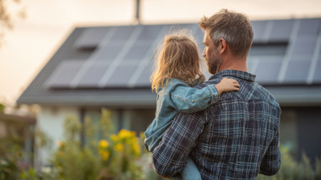 A father holds his child in a garden filled with colorful flowers at sunset fostering love and connection.の素材