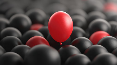 A bright red balloon captures attention as it stands alone amid many dark spheres creating a striking contrast.の素材