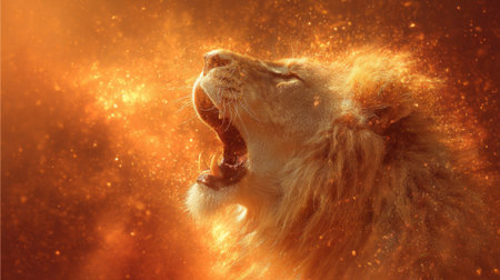 In a stunning display a lion emerges from a golden orange haze roaring fiercely in a moment of raw power.の素材