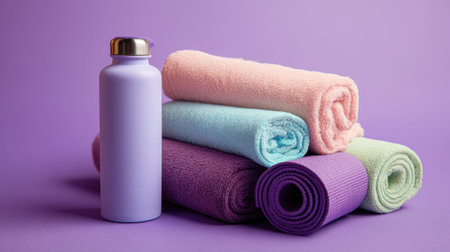 A collection of colorful towels and a stylish water bottle create a soothing scene of relaxation.の素材