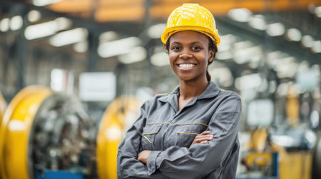 A woman wearing a hard hat and work clothes smiles proudly in a busy workshop space.の素材