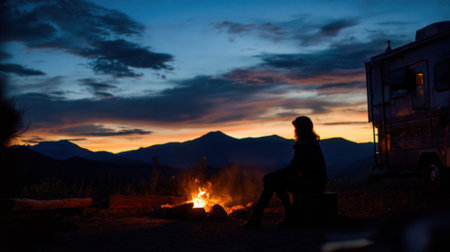A person sits peacefully by a campfire surrounded by mountains and a colorful sunset.の素材