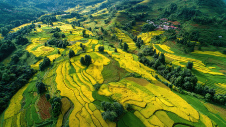 Golden rice fields interweave with green hills creating a beautiful patchwork during the harvest season.の素材