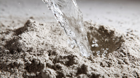 Water flows into dry sand generating ripples and textures under bright sunlight showcasing natures beauty.の素材