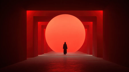 A shadowy figure gazes at a massive red orb surrounded by glowing arches in an otherworldly setting.の素材
