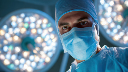 A skilled healthcare worker stands ready in surgical attire focused and prepared for surgery.の素材