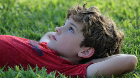 A young boy lies on green grass looking up at the sky deep in thought during a clear day.の素材