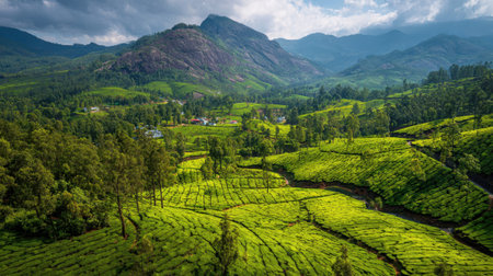 Vibrant green tea fields stretch across mountains showcasing natures beauty and tranquility.の素材