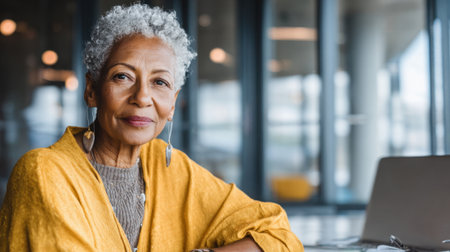 An elderly woman with curly gray hair smiles warmly while seated at a table in a cozy cafe.の素材