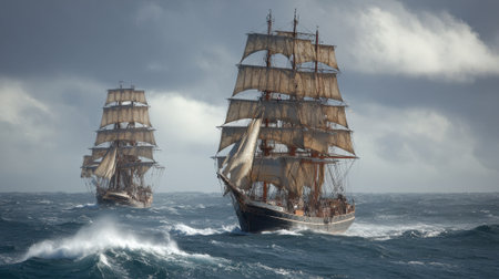 Two grand ships with soaring sails brave the turbulent ocean waves during a dramatic storm.の素材