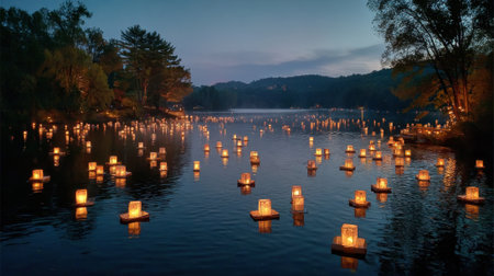 Lanterns illuminate a calm lake as dusk settles creating a magical and peaceful scene for all.の素材