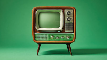Classic retro television set stands proudly against a bright green backdrop evoking fond memories.の素材