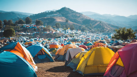 Brightly colored tents fill the landscape gathering people for fun and celebration in the mountains.の素材