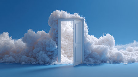 A doorway stands open amidst fluffy clouds offering a glimpse into a dreamlike realm.の素材
