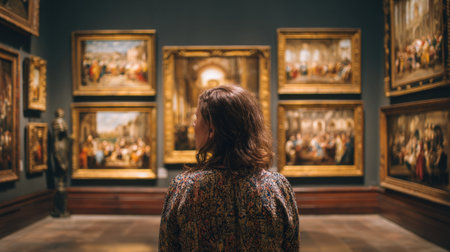 A person admires stunning paintings in a calm gallery filled with rich history and culture.の素材