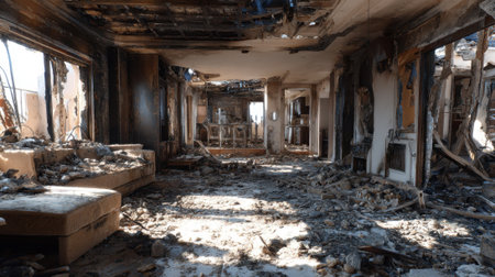 Charred walls and debris fill the space where life used to thrive amidst the destruction.の素材
