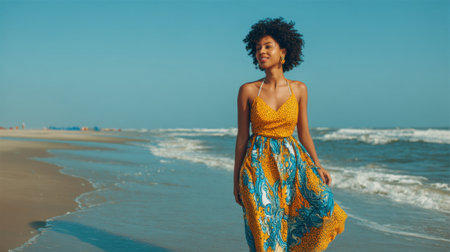 A young woman strolls along the sandy beach feeling the warm sun and ocean breeze.の素材
