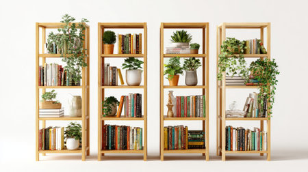 Wooden shelves filled with colorful books and vibrant plants create a cozy reading nook.の素材