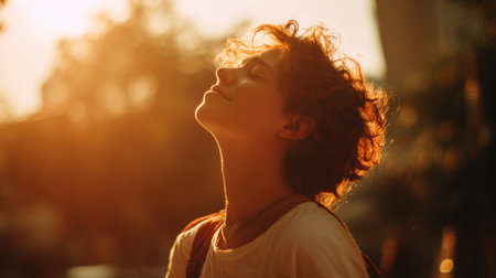 A young person enjoys the warmth of the setting sun feeling a sense of freedom and happiness.の素材